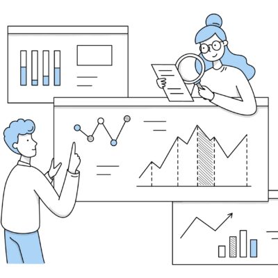 People research analytics on dashboard with graphs and charts. Vector doodle icons of statistic analysis, work with database and information report with diagrams and magnifying glass